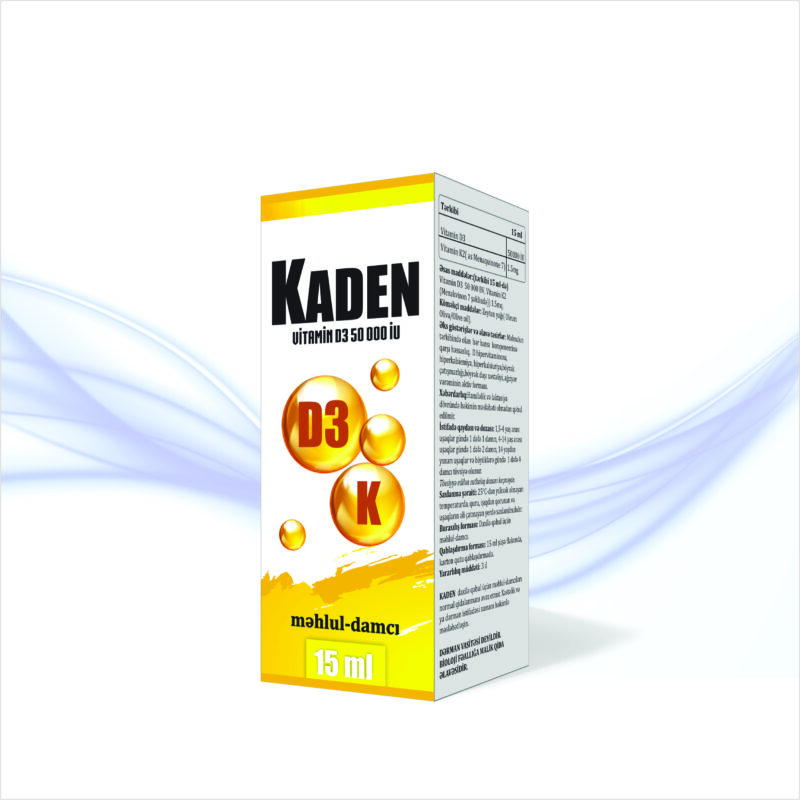 Tərkibi : Təsiredici maddə : Xolekalsiferol (Cholecalciferol) 50.000 BV (50000 IU), Vitamin K2 (as Menaquinone-7) 1.5 mg. Xüsusiyyətləri : Kaden qida əlavəsinin əsas təsiredici komponenti xolekalsiferol (Vitamin D3)-kalsium və fosfor mübadiləsinin tənzimləyicisi olub, dəridə günəş şüalarının təsirindən yaranır. Komponent sümüklərin, skeletin və dişlərin normal inkişafına səbəb olur. D3 vitamini nazik bağırsaqlarda kalsium və fosfatların absorbsiyası, mineral duzların daşınması və sümüklərin kalsifikasiya proseslərini təmin edərək antiraxitik təsir göstərir. Böyrəklərdə kalsium və fosfatların reabsorbsiyasını tənzimləyir. Qanda kalsium ionlarının konsentrasiyasına nəzarət etməklə skelet əzələsinin normal tonusunu təmin edir, miokardın funksiyasını tənzimləyir, sinir impulslarının ötürülməsində , ATF-in sintezində iştirak edir. Vitamin qalxanabənzər ətraf vəzinin normal funksiyasını təmin edir. Komponent limfokinlərin sintezinə müsbət təsir edərək qeyri-spesifik immunitetin formalaşmasında mühüm rol oynayır. İstifadə qaydaları və dozası: 1,5-4 yaş arası uşaqlar üçün gün ərzində 1 dəfə 1 damla, 4-14 yaş arası uşaqlar üçün 2 damla gündə 1 dəfə nəzərdə tutulur.14 yaşdan yuxarı və böyüklərdə 4 damla gündə 1 dəfə daxilə qəbul olunur. Tövsiyə olunan sutkalıq dozanı keçməyin. Digər hallarda həkim məsləhəti ilə. Buraxılış forması: Kaden oral damla, 15 ml şüşə flakonda karton qutuya qablaşdırılır. İstehsalçı: Pharma Standart Medikal Kozmetik Gıda Sanayi Ticatret Ltd. Şti. Ünvan: İvedik OSB Mahallesi 1372. SOKAK No: 17 Yenimahalle/ANKARA/TÜRKIYƏ